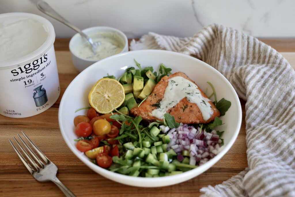 siggi’s Icelandic yogurt - arugula salad with salmon and dill dressing