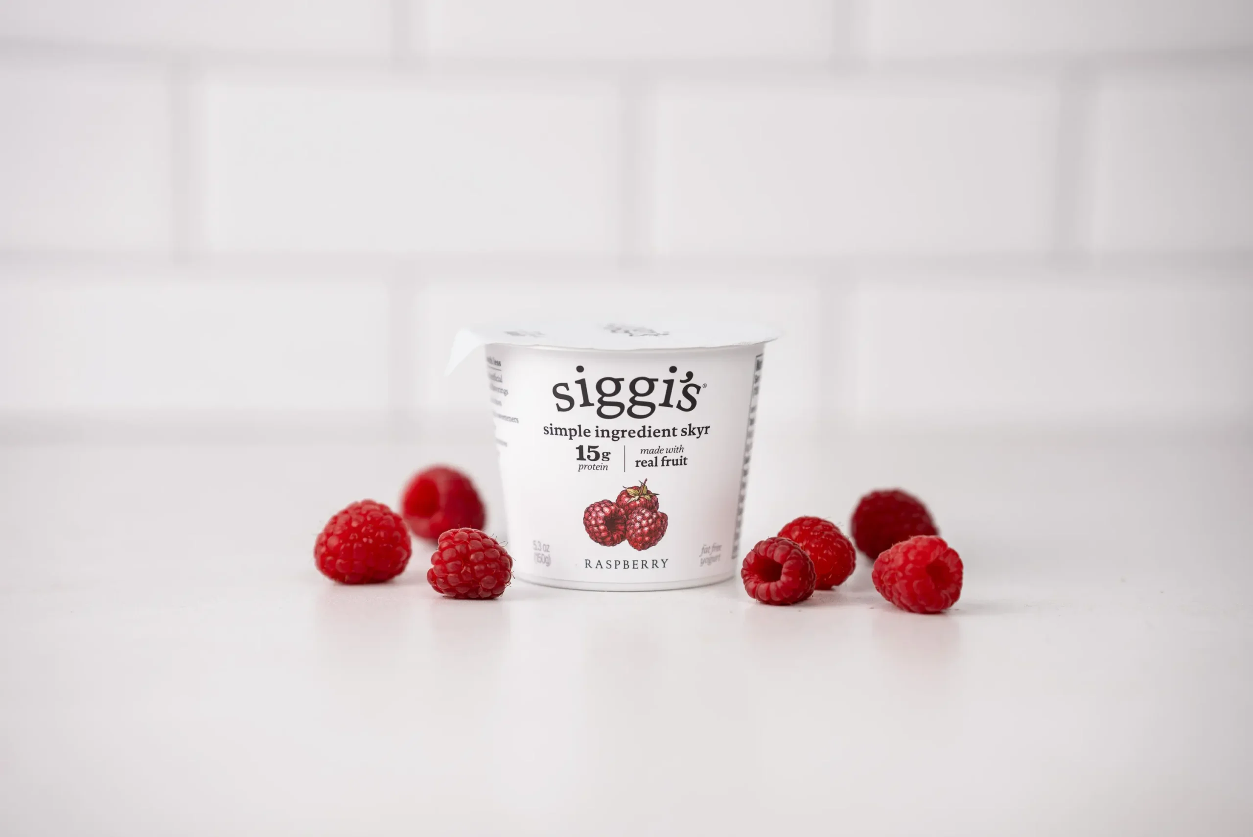 siggi's raspberry nonfat skyr on counter