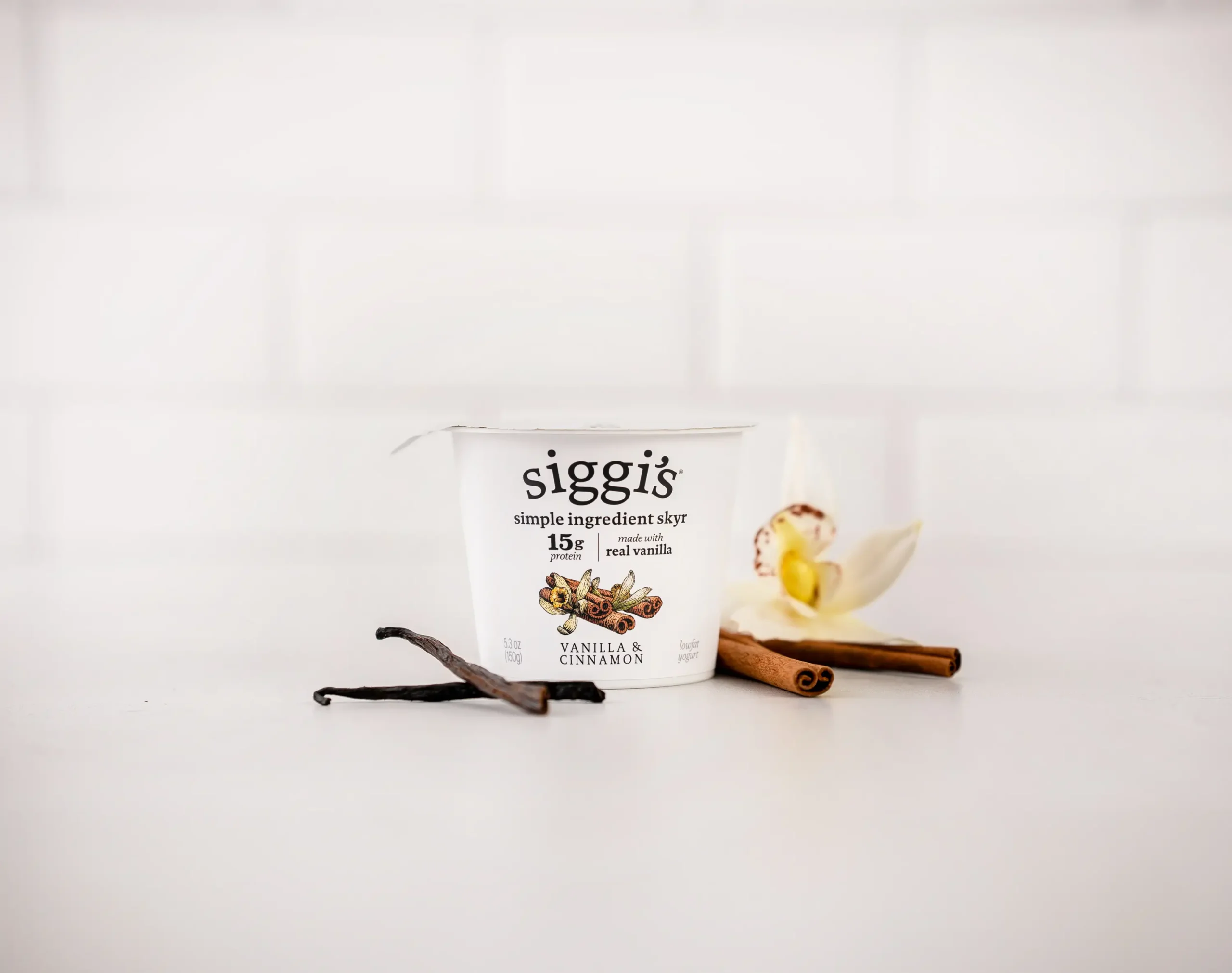 siggi's vanilla & cinnamon skyr on counter