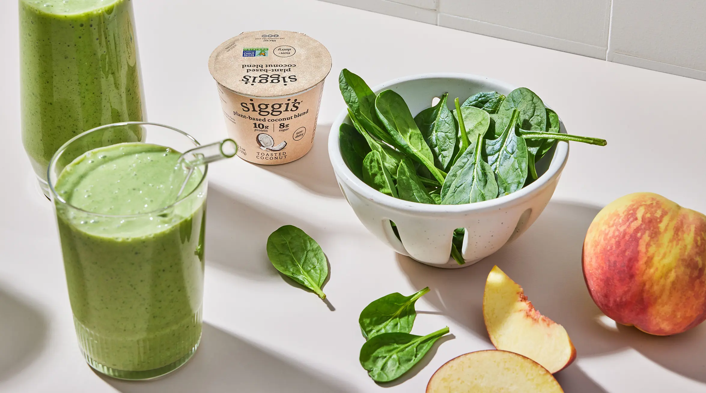 coconut peachy green power smoothie