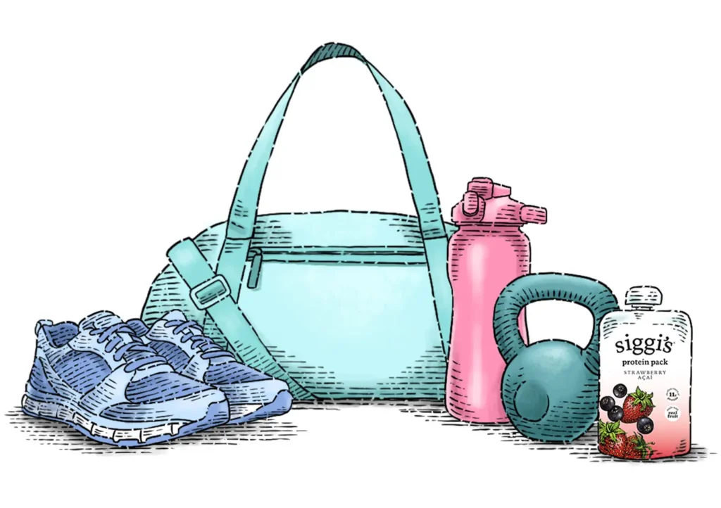 illustration of running shoes, gym bag, bottle, kettle bell and siggi's protein pack