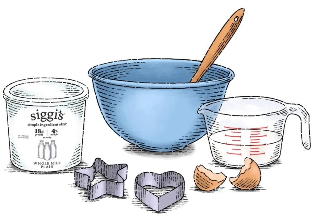 illustration of siggi's whole milk yogurt, mixing bowl and measuring cup